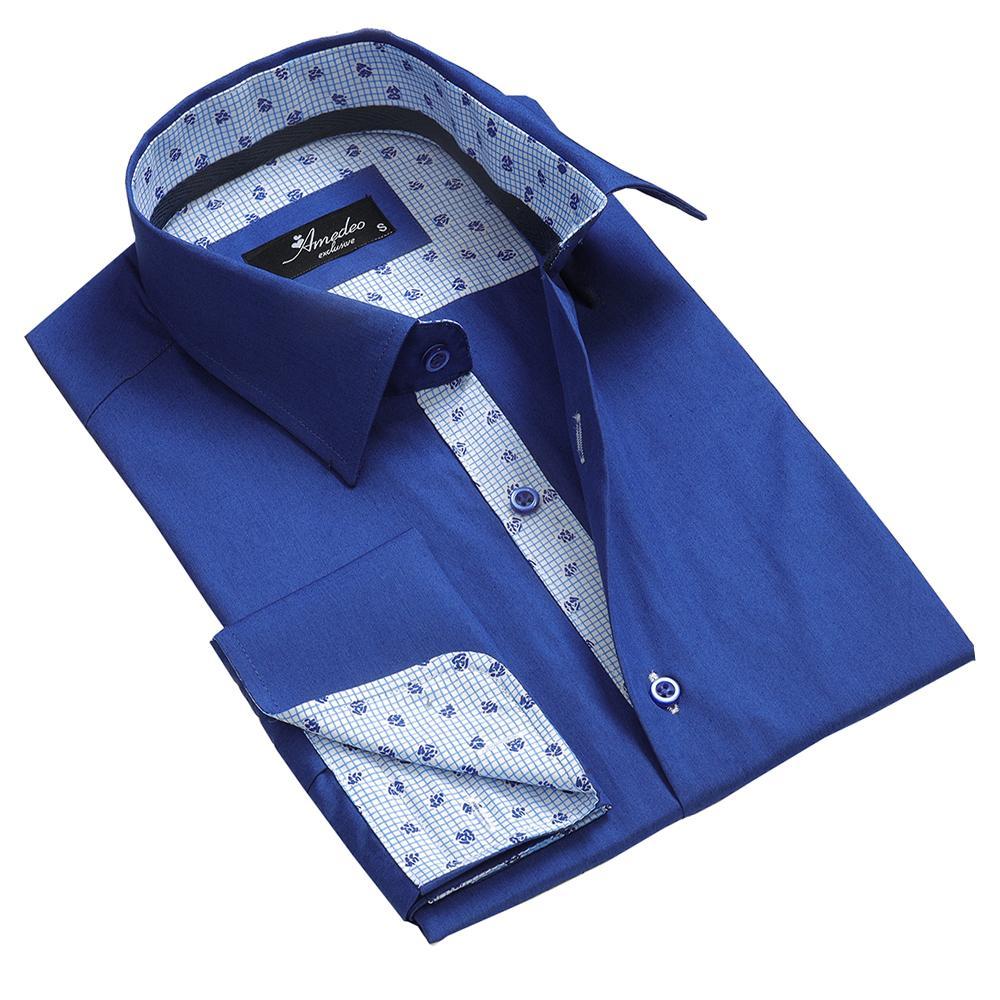 Blue Mens Slim Fit French Cuff Dress Shirts with Cufflink Holes - Casual and Formal - Amedeo Exclusive