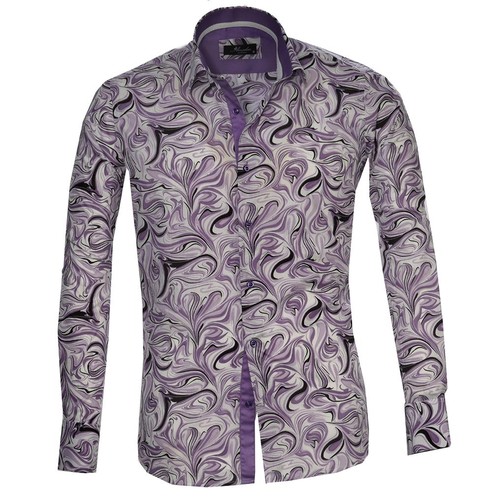 Purple White Swirls Mens Slim Fit French Cuff Dress Shirts with Cufflink Holes - Casual and Formal - Amedeo Exclusive