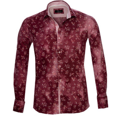 Red Floral Sheen Mens Slim Fit French Cuff Dress Shirts with Cufflink Holes - Casual and Formal - Amedeo Exclusive