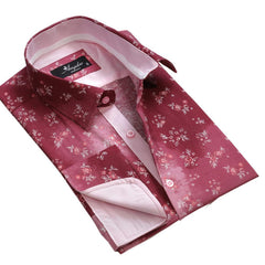 Red Floral Sheen Mens Slim Fit French Cuff Dress Shirts with Cufflink Holes - Casual and Formal - Amedeo Exclusive