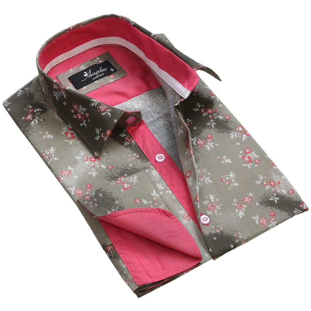 Gold Floral Sheen Mens Slim Fit French Cuff Dress Shirts with Cufflink Holes - Casual and Formal - Amedeo Exclusive
