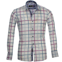 White Pink Blue Check Mens Slim Fit French Cuff Dress Shirts with Cufflink Holes - Casual and Formal - Amedeo Exclusive