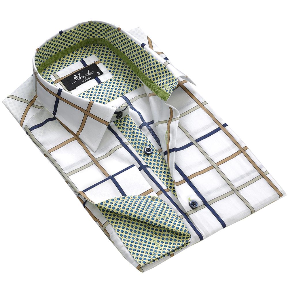 White Blue Green Check Mens Slim Fit Designer Dress Shirt - tailored Cotton Shirts for Work and Casual Wear - Amedeo Exclusive