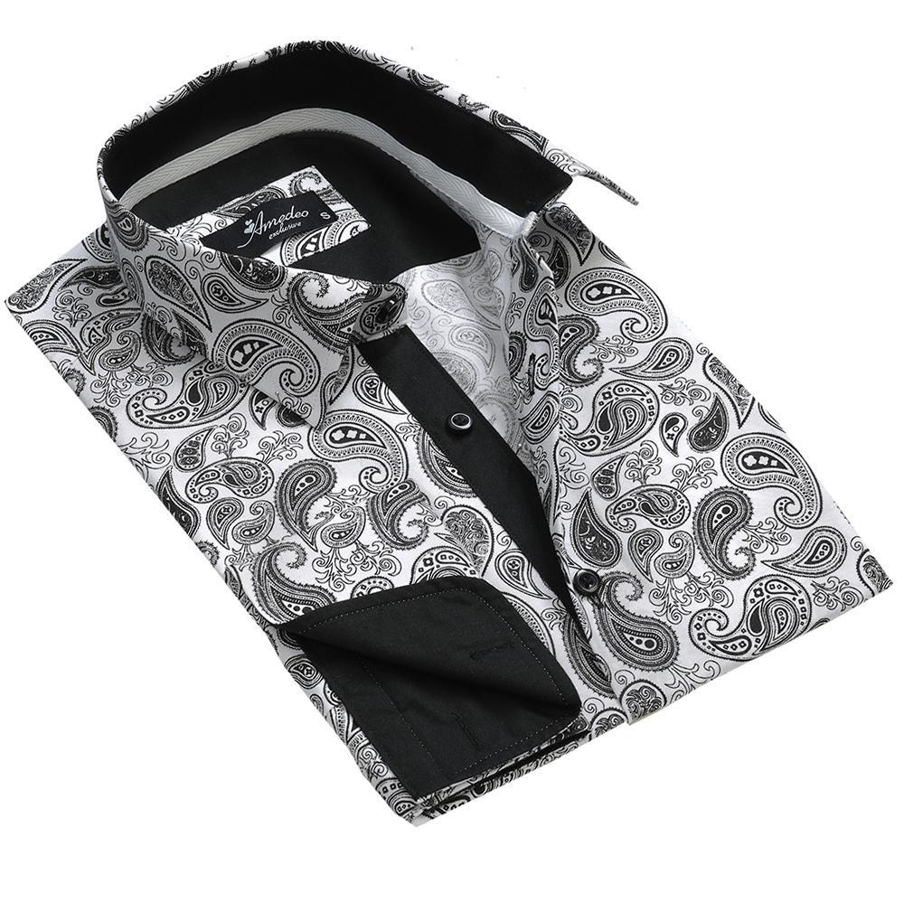 White Black Paisley Mens Slim Fit Designer Dress Shirt - tailored Cotton Shirts for Work and Casual Wear - Amedeo Exclusive