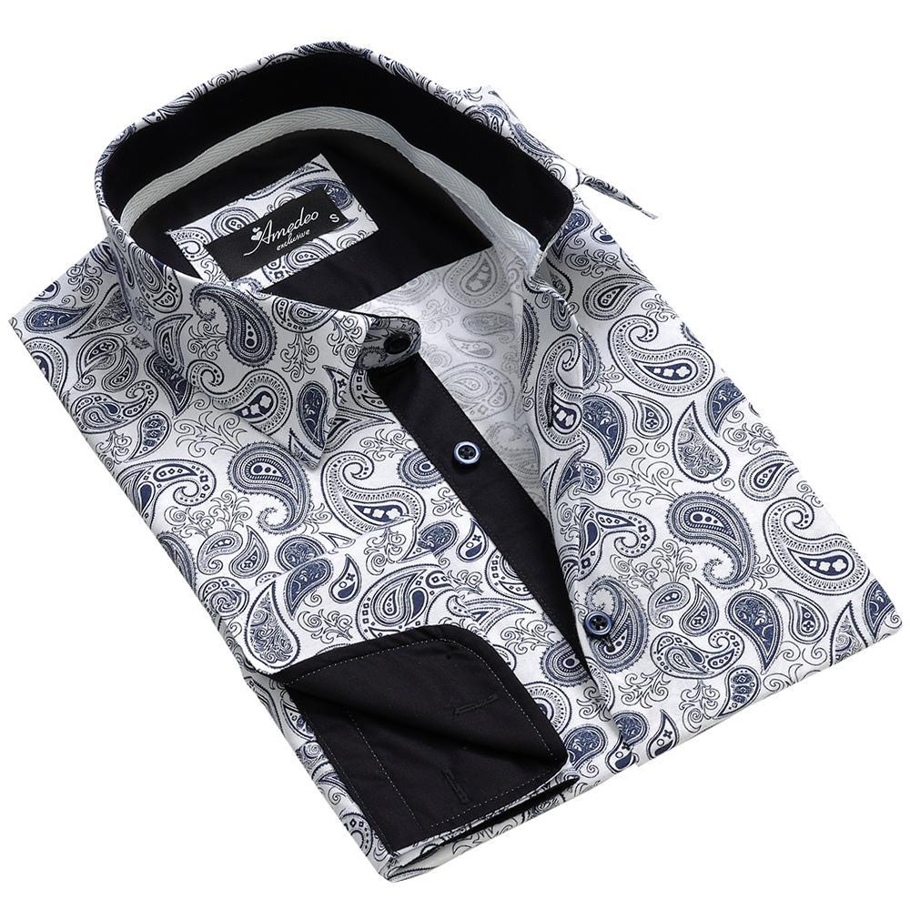 White Blue Paisley Mens Slim Fit Designer Dress Shirt - tailored Cotton Shirts for Work and Casual Wear - Amedeo Exclusive