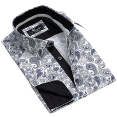 White Blue Paisley Mens Slim Fit Designer Dress Shirt - tailored Cotton Shirts for Work and Casual Wear - Amedeo Exclusive