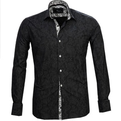 Black Grey Floral Mens Slim Fit French Cuff Dress Shirts with Cufflink Holes - Casual and Formal - Amedeo Exclusive