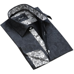 Black Grey Floral Mens Slim Fit French Cuff Dress Shirts with Cufflink Holes - Casual and Formal - Amedeo Exclusive