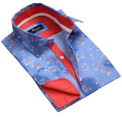 Blue Floral Mens Slim Fit French Cuff Dress Shirts with Cufflink Holes - Casual and Formal - Amedeo Exclusive