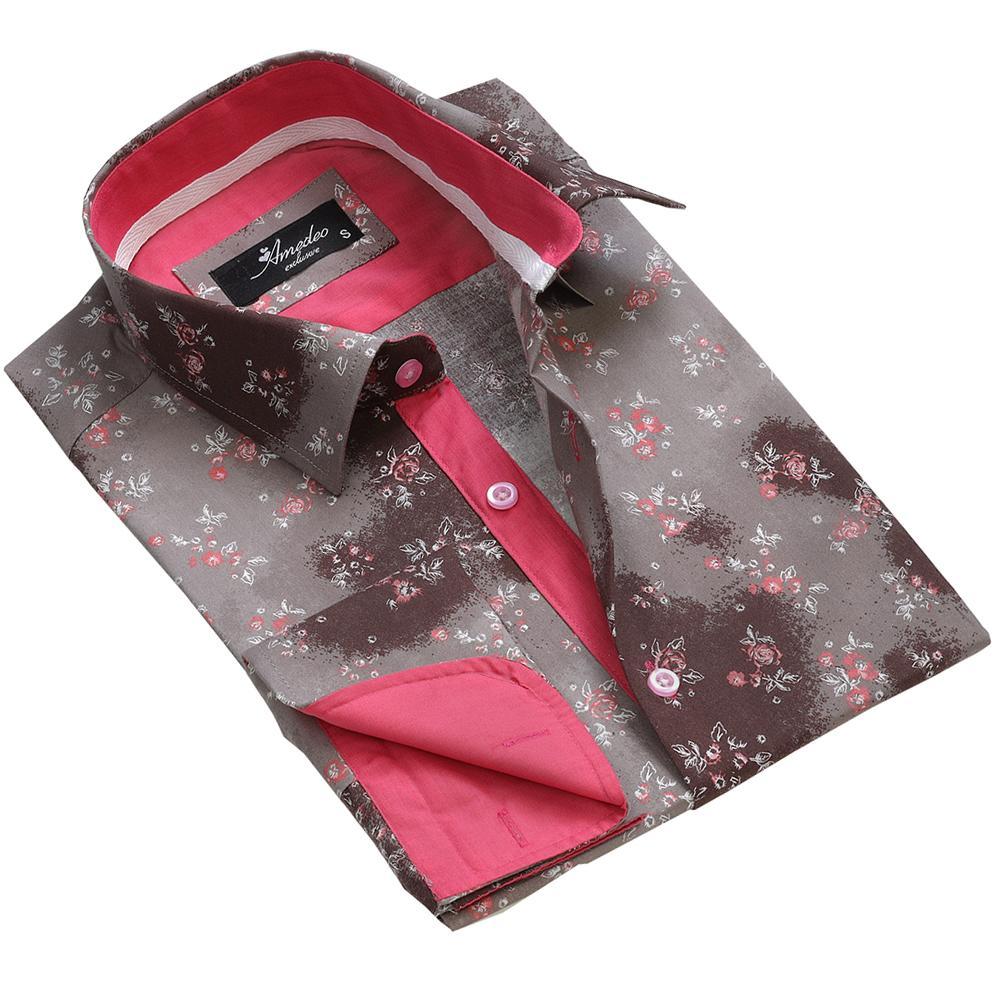 Brown Floral Sheen Mens Slim Fit French Cuff Dress Shirts with Cufflink Holes - Casual and Formal - Amedeo Exclusive