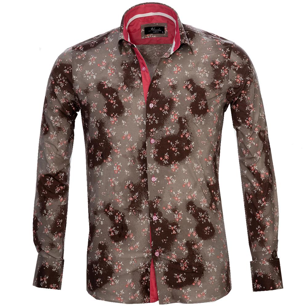 Brown Floral Sheen Mens Slim Fit French Cuff Dress Shirts with Cufflink Holes - Casual and Formal - Amedeo Exclusive