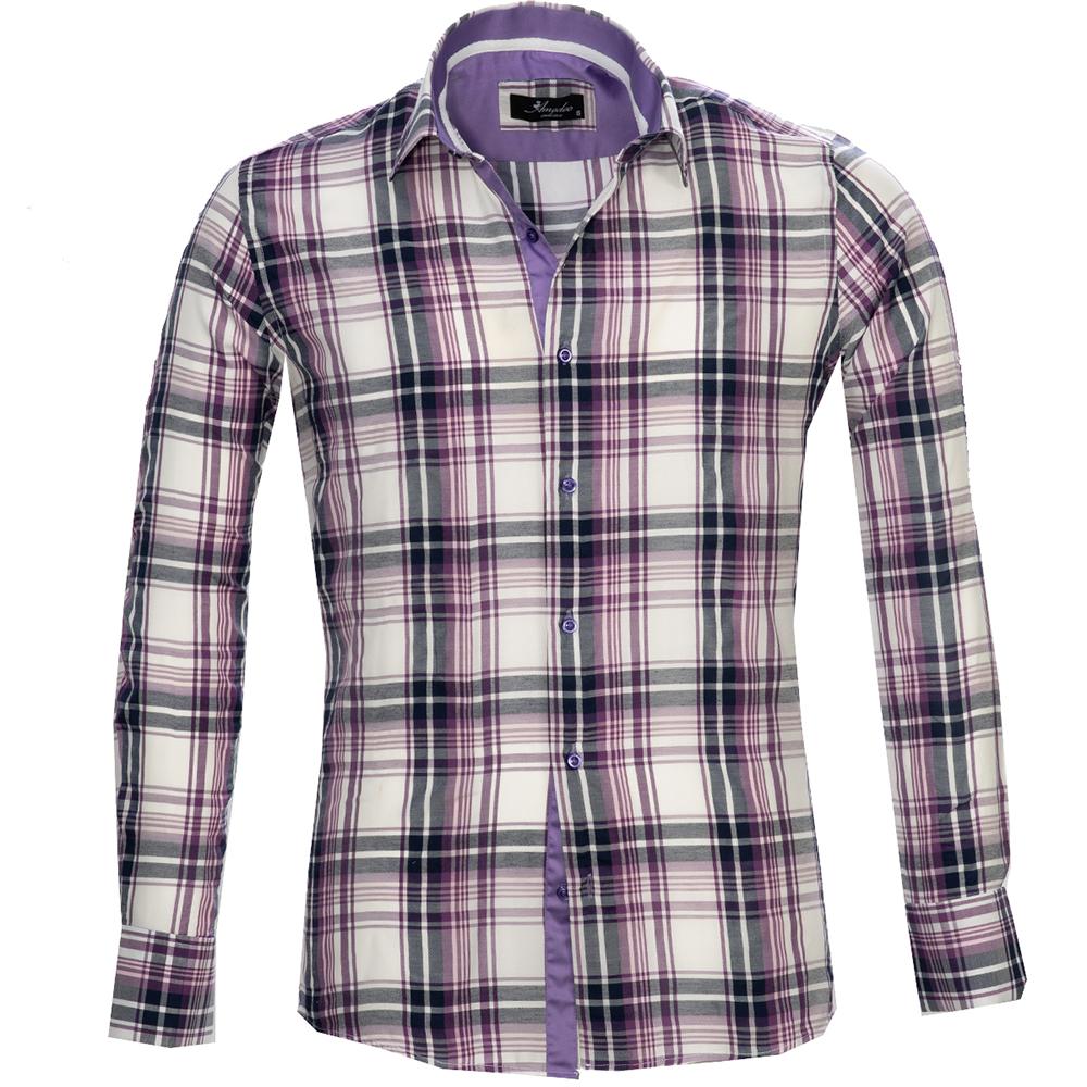 White Purple Check Mens Slim Fit French Cuff Dress Shirts with Cufflink Holes - Casual and Formal - Amedeo Exclusive