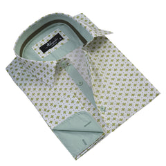 Light Green with Pattern Mens Slim Fit French Cuff Dress Shirts with Cufflink Holes - Casual and Formal - Amedeo Exclusive