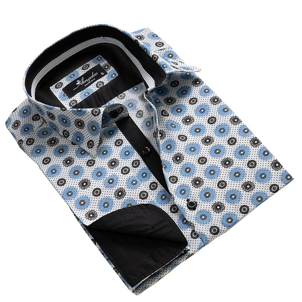 Black and Blue Circles Mens Slim Fit French Cuff Dress Shirts with Cufflink Holes - Casual and Formal - Amedeo Exclusive