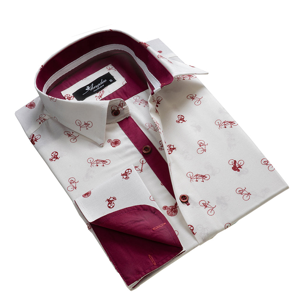 White with Burgandy Bicycles Mens Slim Fit French Cuff Dress Shirts with Cufflink Holes - Casual and Formal - Amedeo Exclusive