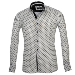 White with Black Pattern Mens Slim Fit French Cuff Dress Shirts with Cufflink Holes - Casual and Formal - Amedeo Exclusive