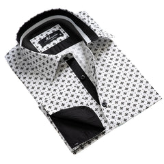 White with Black Pattern Mens Slim Fit French Cuff Dress Shirts with Cufflink Holes - Casual and Formal - Amedeo Exclusive
