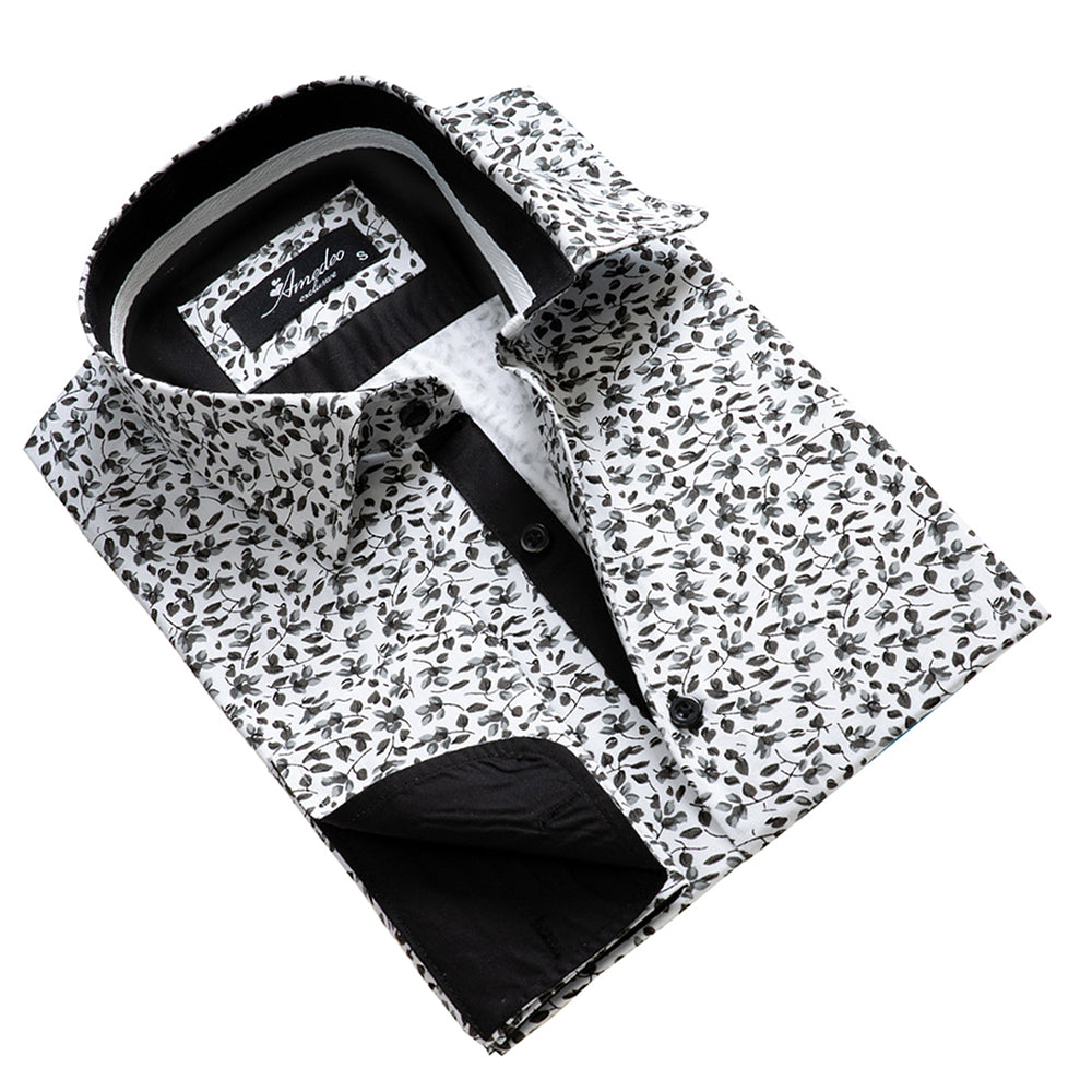 Dark Grey Floral Mens Slim Fit French Cuff Dress Shirts with Cufflink Holes - Casual and Formal - Amedeo Exclusive
