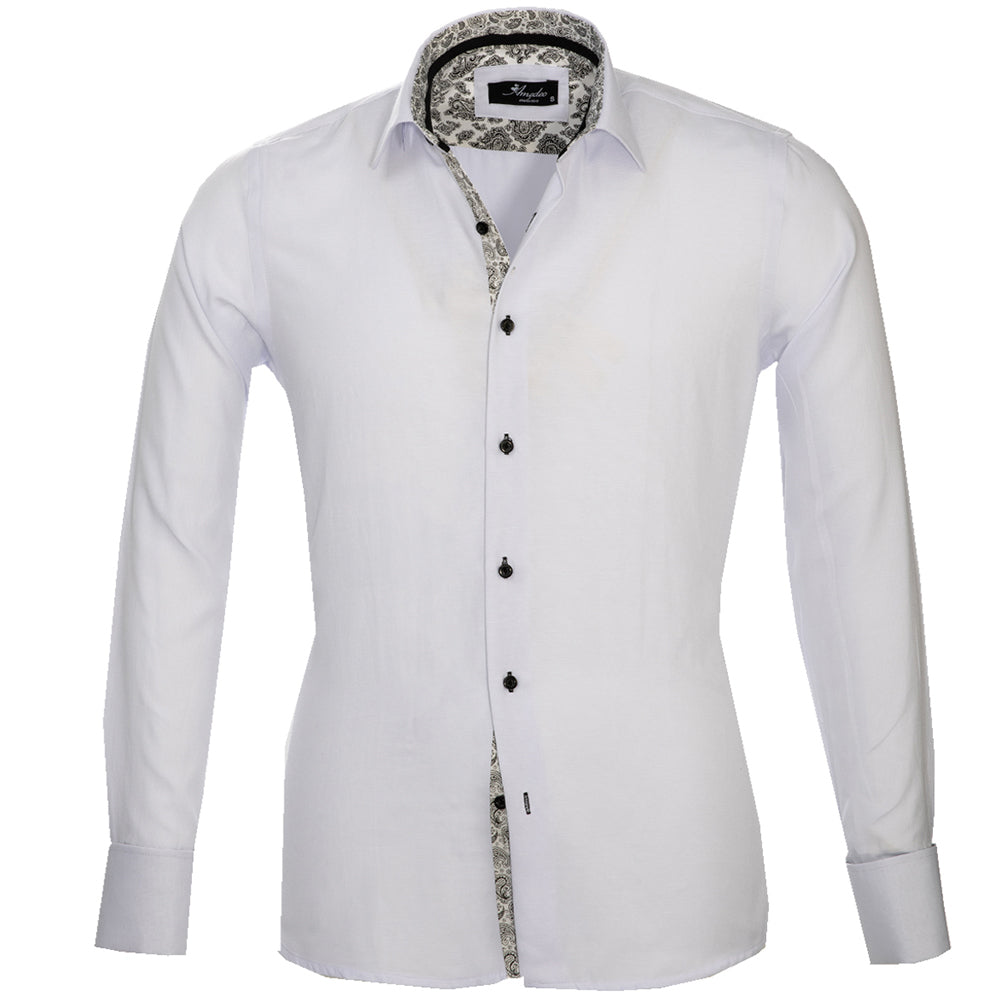 White with Black Paisley Mens Slim Fit French Cuff Dress Shirts with Cufflink Holes - Casual and Formal - Amedeo Exclusive