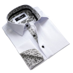 White with Black Paisley Mens Slim Fit French Cuff Dress Shirts with Cufflink Holes - Casual and Formal - Amedeo Exclusive
