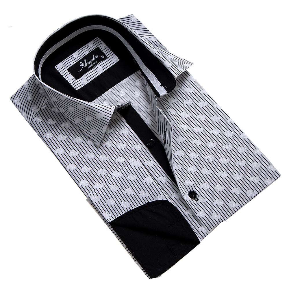 Black & White Mens Slim Fit French Cuff Dress Shirts with Cufflink Holes - Casual and Formal - Amedeo Exclusive