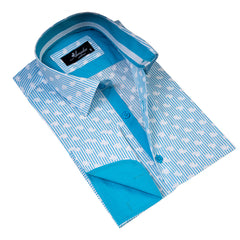 White & Blue Lines with Paisley Mens Slim Fit Designer Dress Shirt - tailored Cotton Shirts for Work and Casual Wear - Amedeo Exclusive