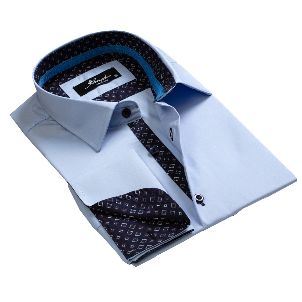 Light Blue with Navy Blue Mens Slim Fit French Cuff Dress Shirts with Cufflink Holes - Casual and Formal - Amedeo Exclusive