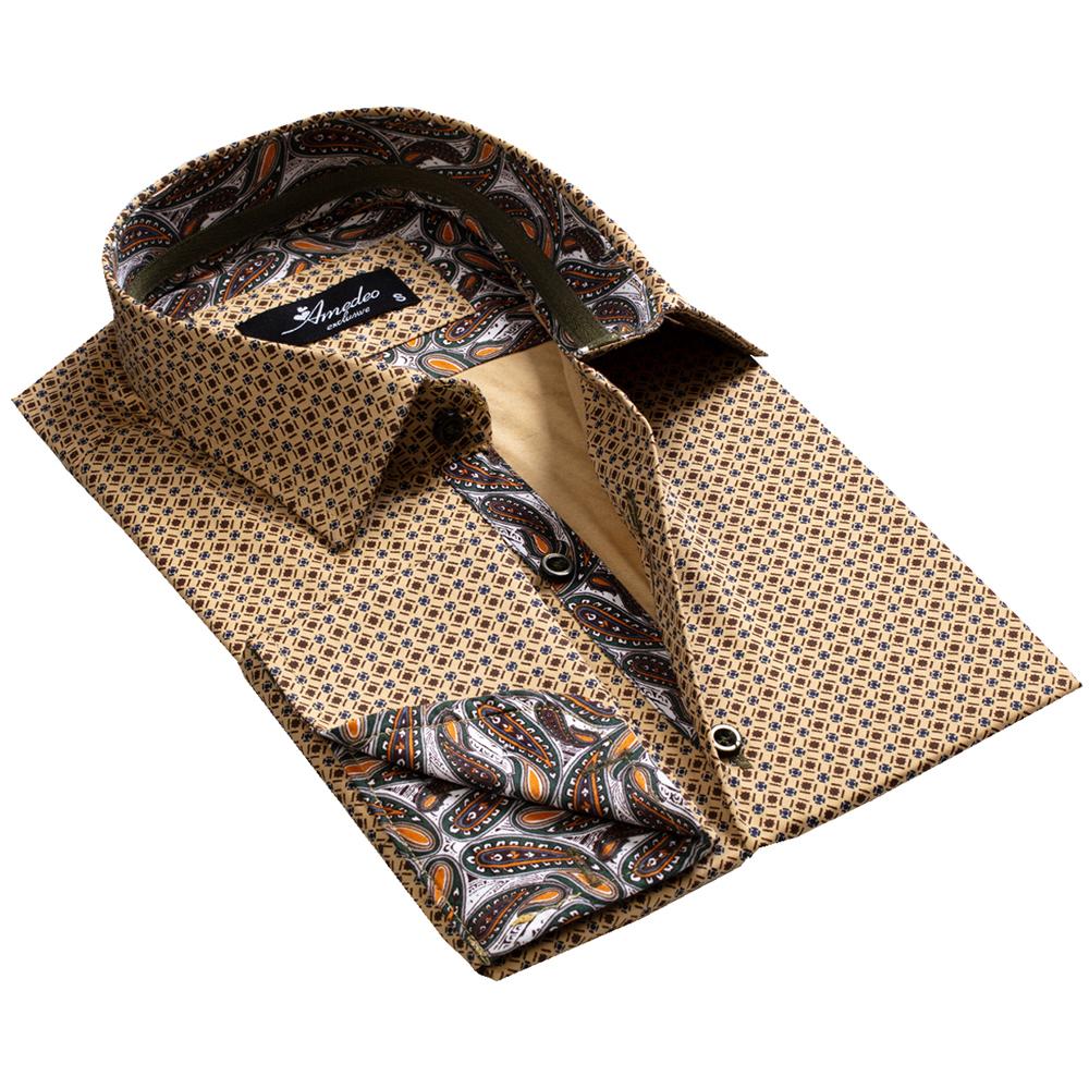 Brownish Gold Paisley Mens Slim Fit French Cuff Dress Shirts with Cufflink Holes - Casual and Formal - Amedeo Exclusive