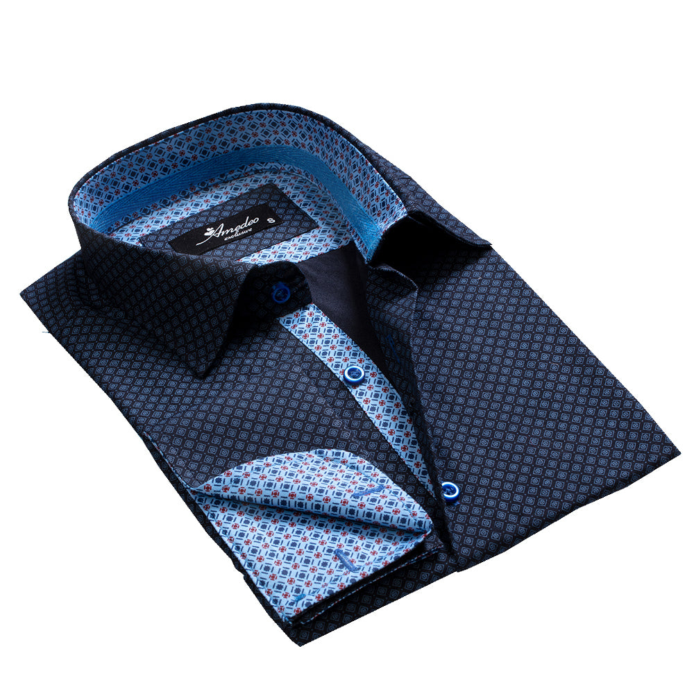 Dark Light Blue Mens Slim Fit French Cuff Dress Shirts with Cufflink Holes - Casual and Formal - Amedeo Exclusive