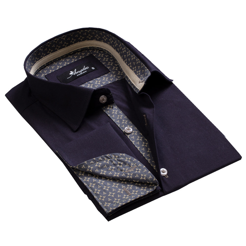 Navy Blue with Pattern Mens Slim Fit French Cuff Dress Shirts with Cufflink Holes - Casual and Formal - Amedeo Exclusive