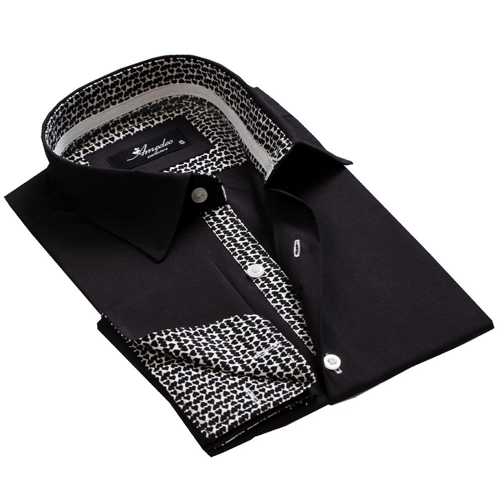 Black Mens Slim Fit French Cuff Dress Shirts with Cufflink Holes - Casual and Formal - Amedeo Exclusive