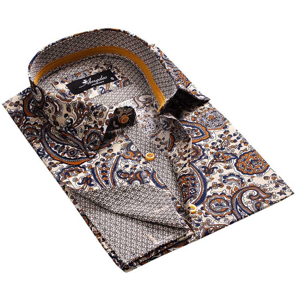 Fun Paisley on Tan Mens Slim Fit French Cuff Dress Shirts with Cufflink Holes - Casual and Formal - Amedeo Exclusive