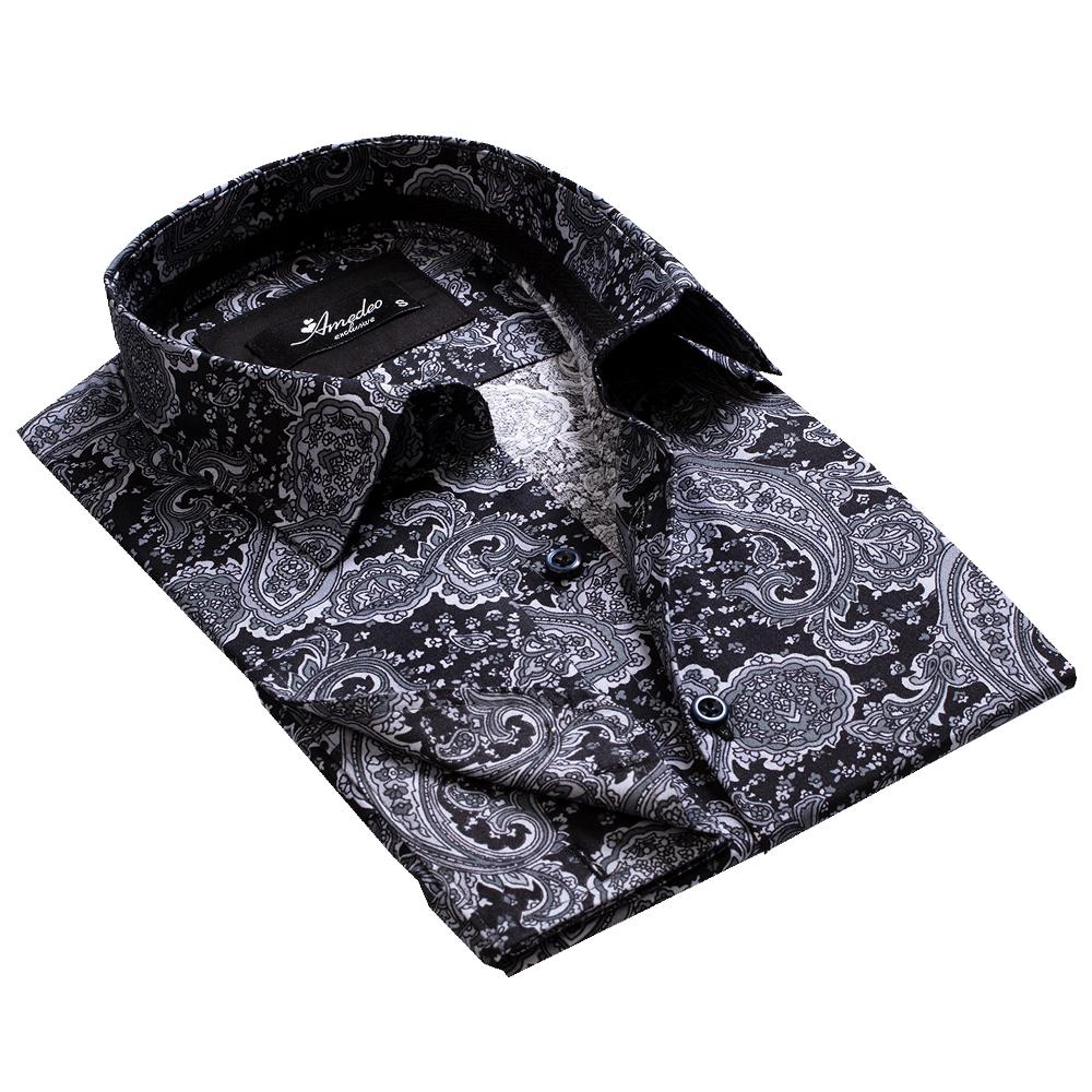 Black Grey Paisley Mens Slim Fit French Cuff Dress Shirts with Cufflink Holes - Casual and Formal - Amedeo Exclusive