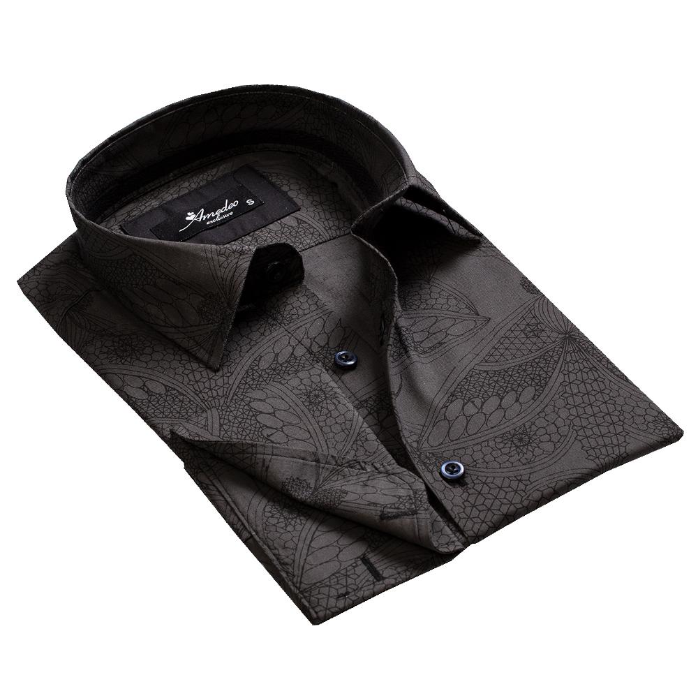 Black Paisley Mens Slim Fit French Cuff Dress Shirts with Cufflink Holes - Casual and Formal - Amedeo Exclusive