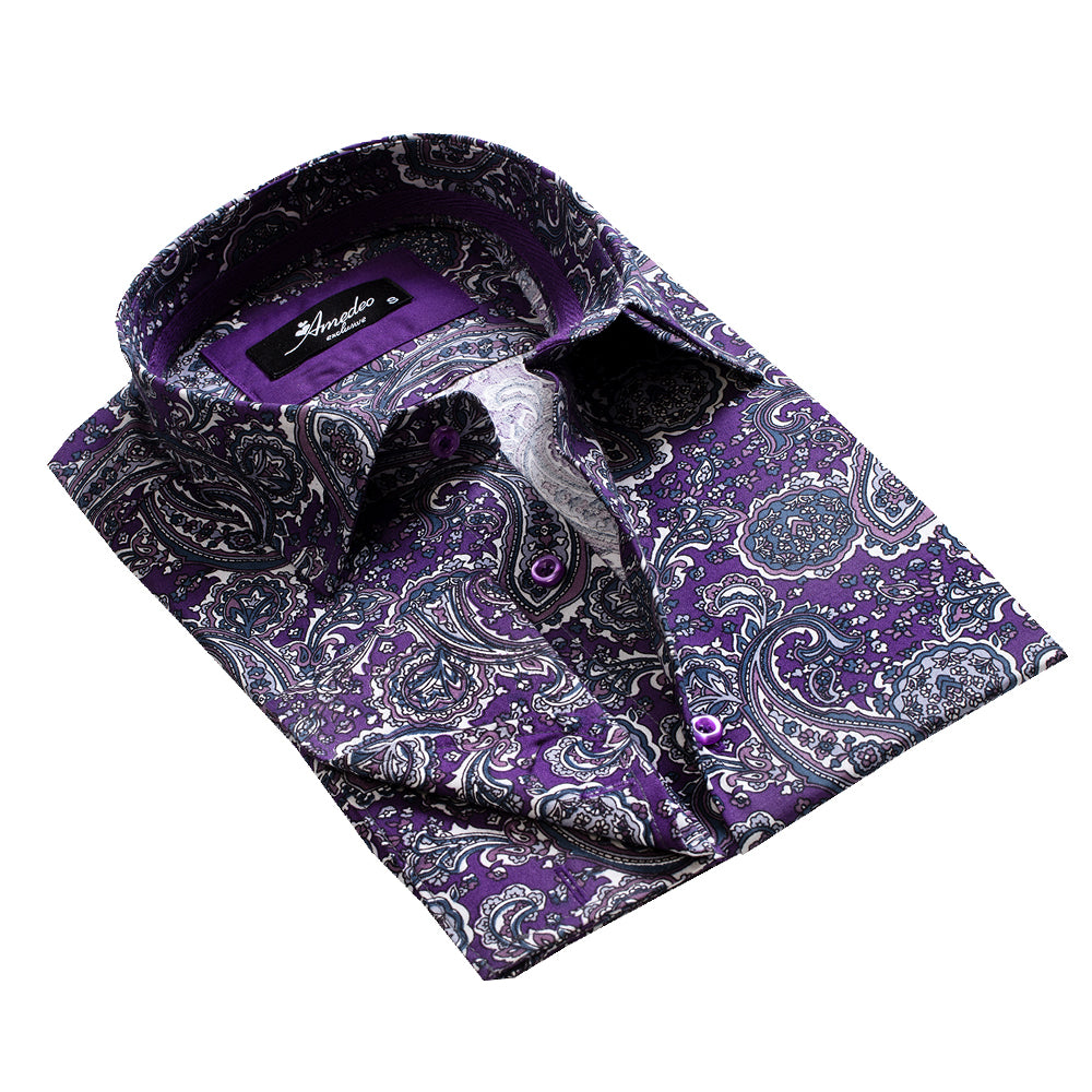 Purple Paisley Design Mens Slim Fit French Cuff Dress Shirts with Cufflink Holes - Casual and Formal - Amedeo Exclusive