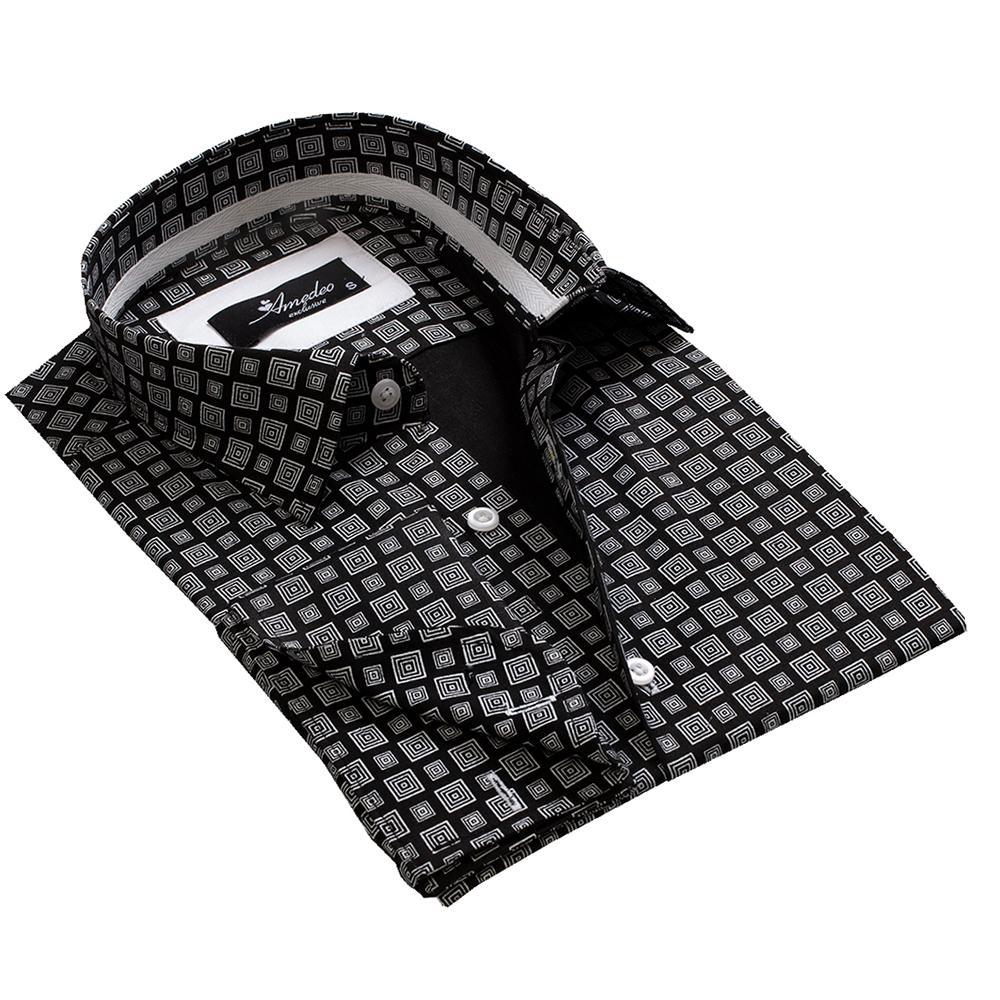 Black Grey Squares Mens Slim Fit French Cuff Dress Shirts with Cufflink Holes - Casual and Formal - Amedeo Exclusive