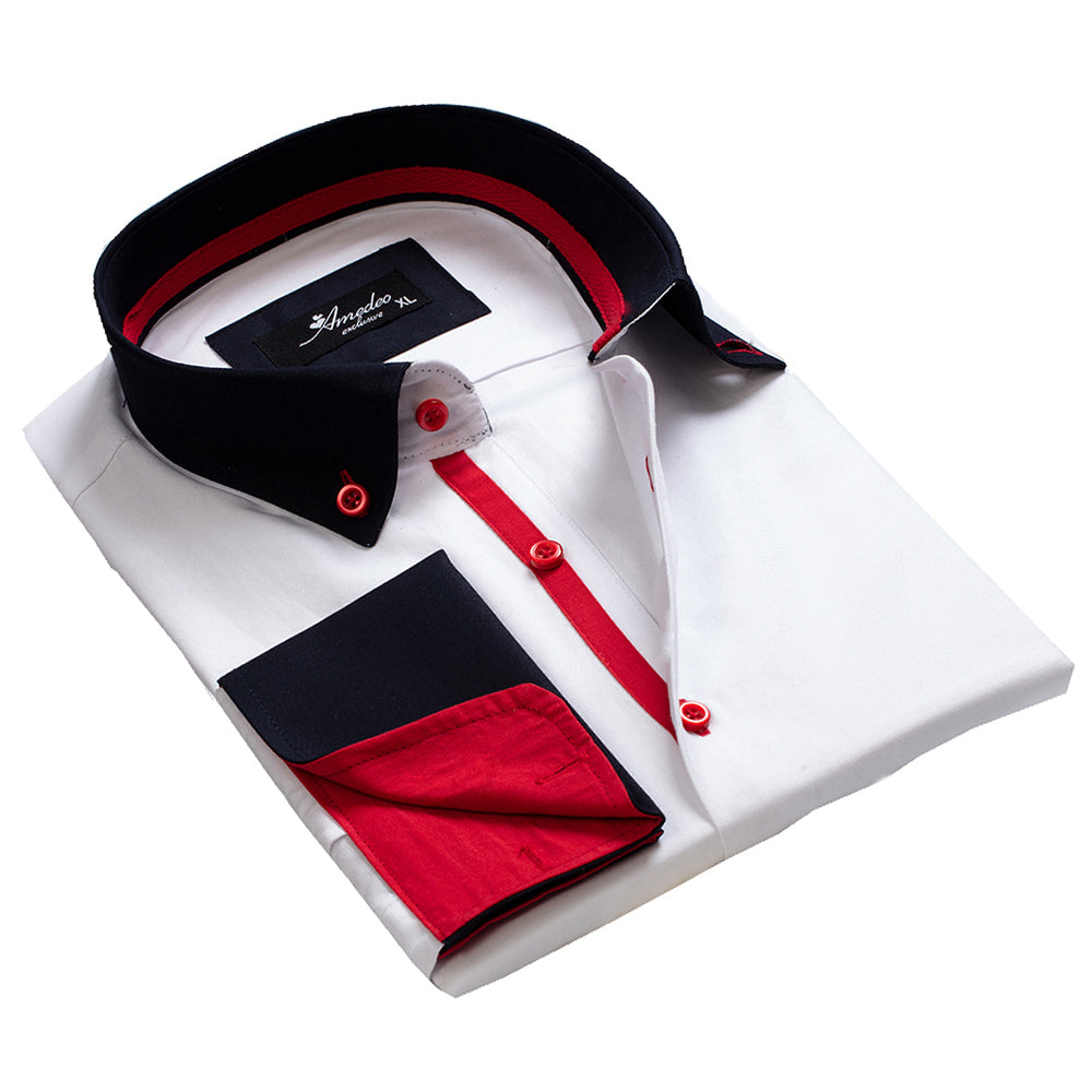 White Navy Blue Red Design Mens Slim Fit Designer Dress Shirt - tailored Cotton Shirts for Work - Amedeo Exclusive