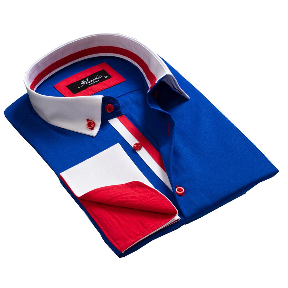 Blue White Red Mens Slim Fit French Cuff Dress Shirts with Cufflink Holes - Casual and Formal - Amedeo Exclusive