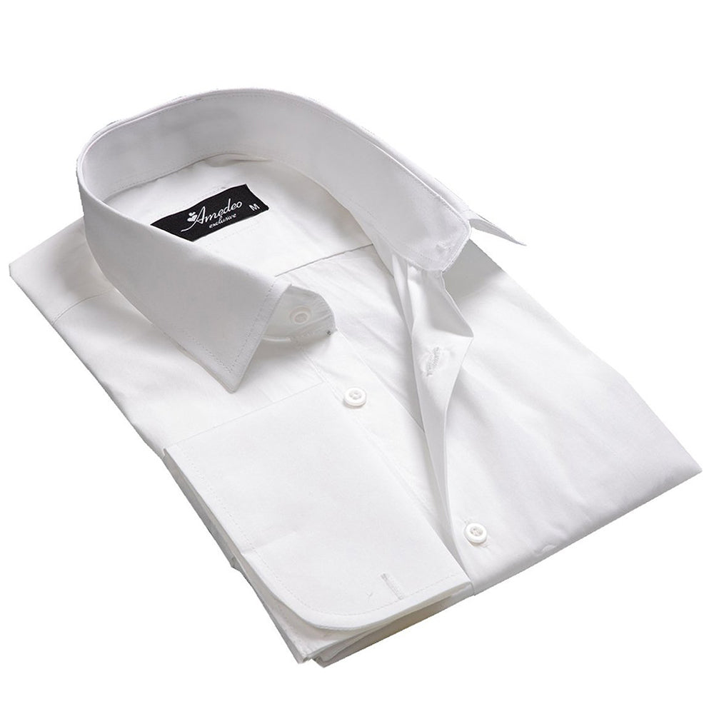 Medium Solid White Mens Slim Fit French Cuff Dress Shirts with Cufflink Holes - Casual and Formal - Amedeo Exclusive