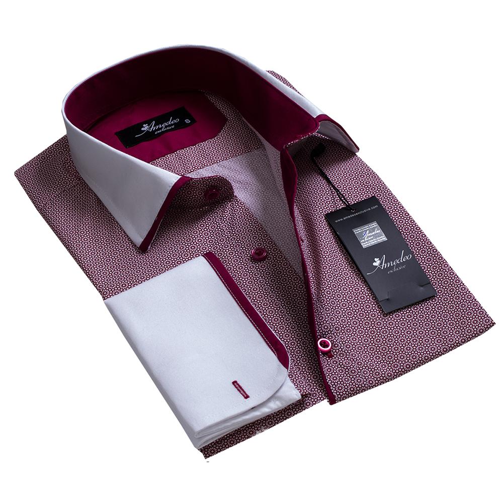 Burgandy and White Mens Slim Fit French Cuff Dress Shirts with Cufflink Holes - Casual and Formal - Amedeo Exclusive