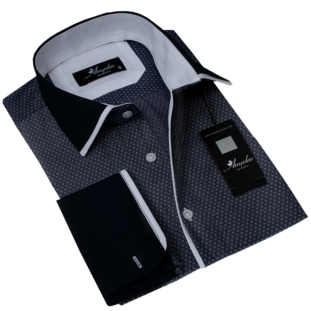 Charcoal Black Mens Slim Fit French Cuff Dress Shirts with Cufflink Holes - Casual and Formal - Amedeo Exclusive