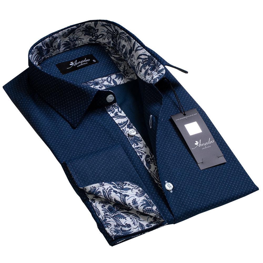 Light Navy Blue Floral Mens Slim Fit French Cuff Dress Shirts with Cufflink Holes - Casual and Formal - Amedeo Exclusive