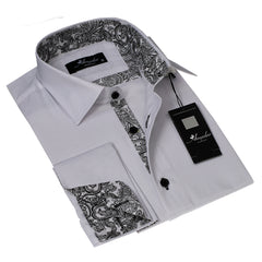 White with White Black Paisley Mens Slim Fit French Cuff Dress Shirts with Cufflink Holes - Casual and Formal - Amedeo Exclusive
