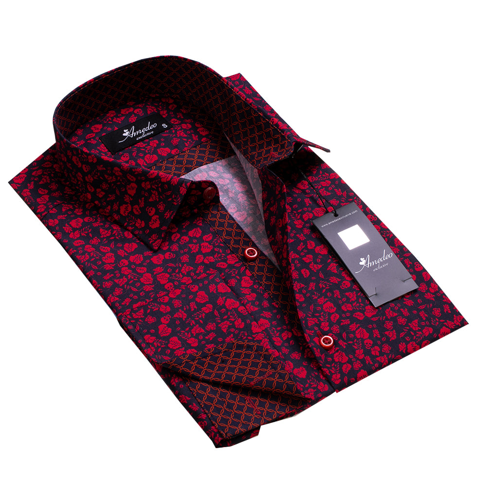 Navy Blue Red Design Mens Slim Fit French Cuff Dress Shirts with Cufflink Holes - Casual and Formal - Amedeo Exclusive