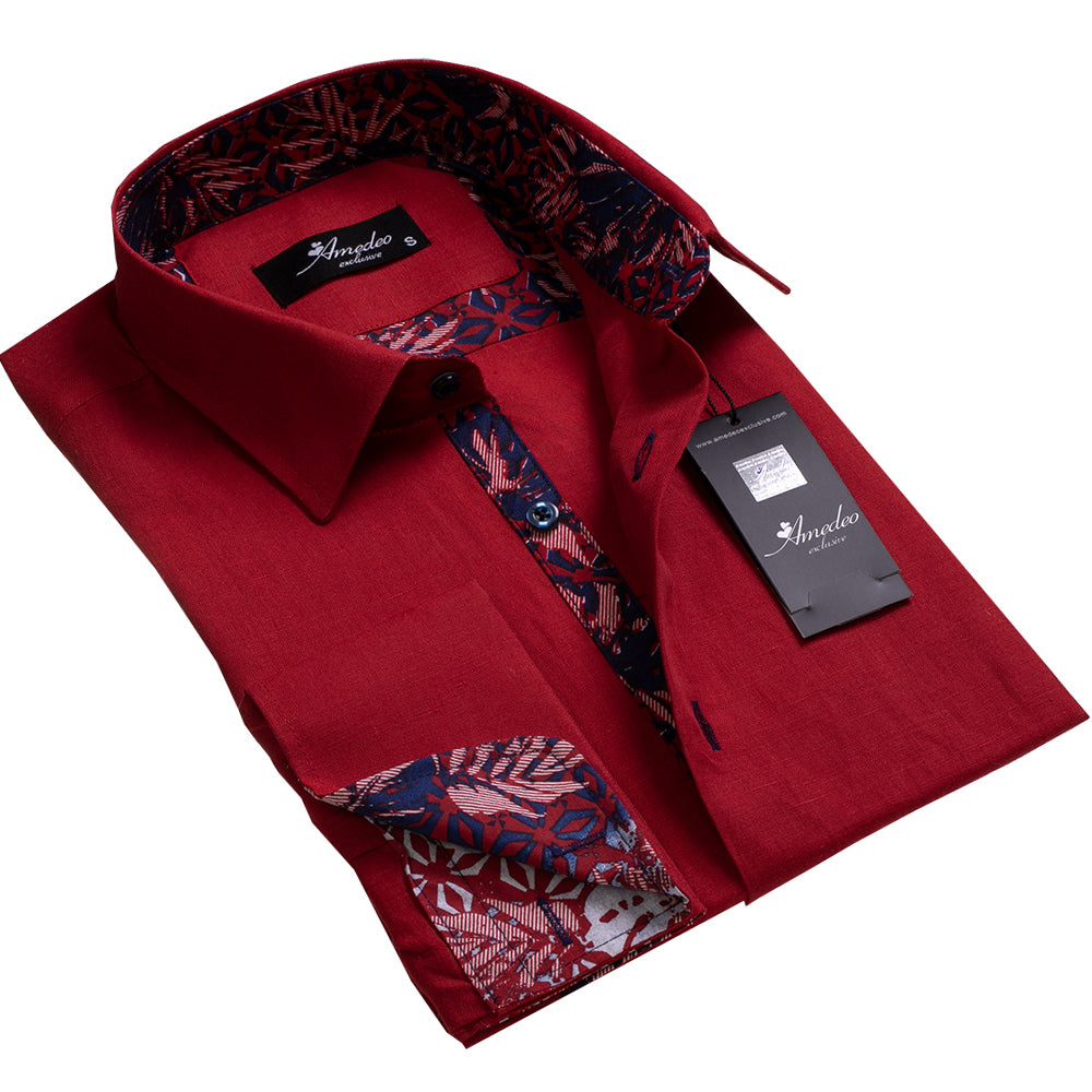 Burgundy Floral Mens Slim Fit French Cuff Dress Shirts with Cufflink Holes - Casual and Formal - Amedeo Exclusive