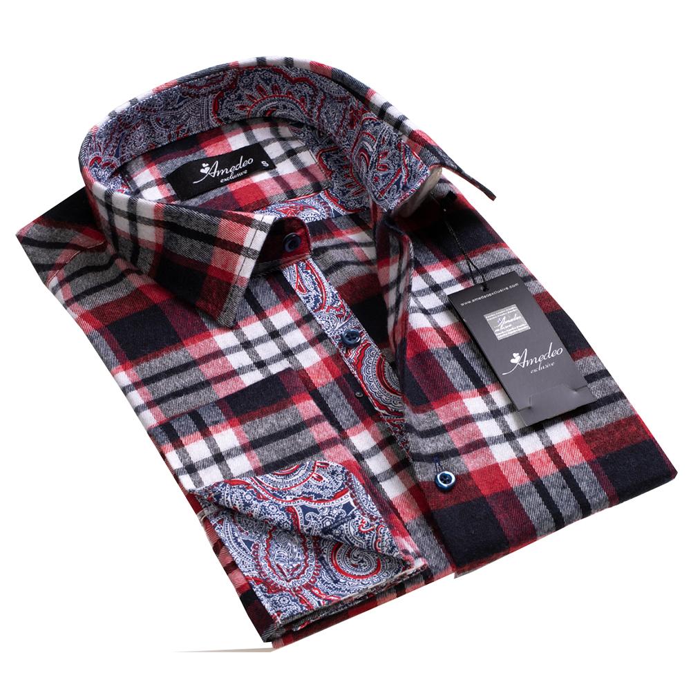 Black White And Red Nova Plaid Mens Slim Fit French Cuff Dress Shirts with Cufflink Holes - Casual and Formal - Amedeo Exclusive