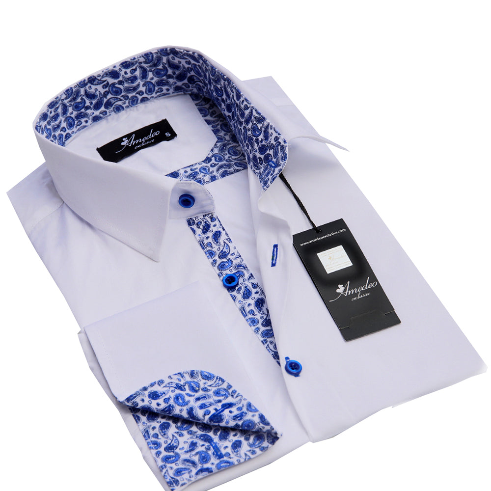 White And Blue Paisley Mens Slim Fit Designer Dress Shirt - tailored Cotton Shirts for Work and Casual Wear - Amedeo Exclusive