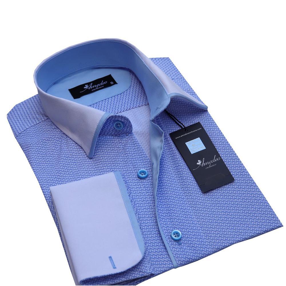 Blue Mens Slim Fit French Cuff Dress Shirts with Cufflink Holes - Casual and Formal - Amedeo Exclusive