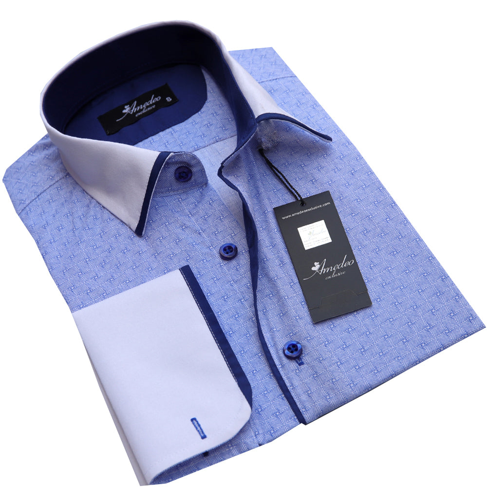 Light Blue Design Mens Slim Fit French Cuff Dress Shirts with Cufflink Holes - Casual and Formal - Amedeo Exclusive
