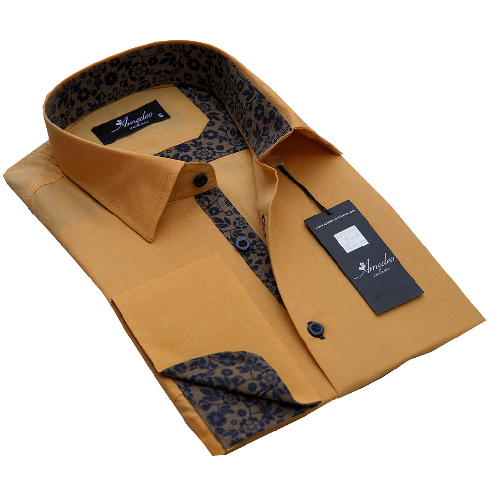 Solid Tan With Brown Floral Design Mens Slim Fit Designer Dress Shirt - tailored Cotton Shirts for Work and Casual Wear - Amedeo Exclusive